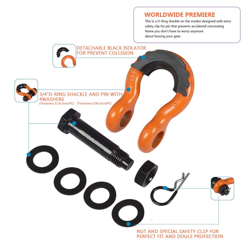 AMBULL Shackles 3/4 Inch D Ring Shackle (2 Pack) 45,000lb Break Strength with 7/8 Inch Pin, Isolator and Washer Kits for Use with Tow Strap, Winch, Off-Road Jeep Truck Vehicle Recovery, Orange - Image 5